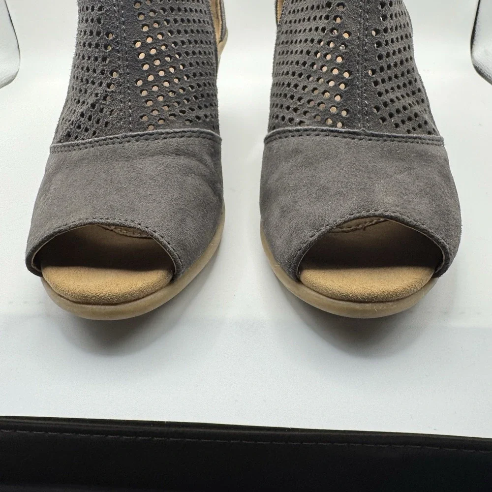 Earth Booties Ankle Cosmos Womens Size 6.5B Gray Suede Open Toe Wedge Zip Casual